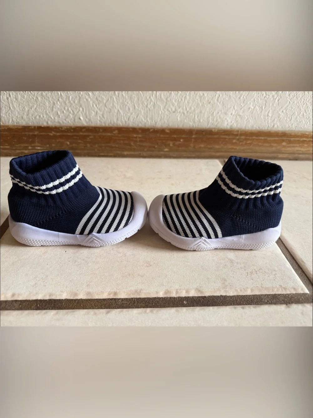 Kids Navy and White Stripe Slip-On Knit Shoes